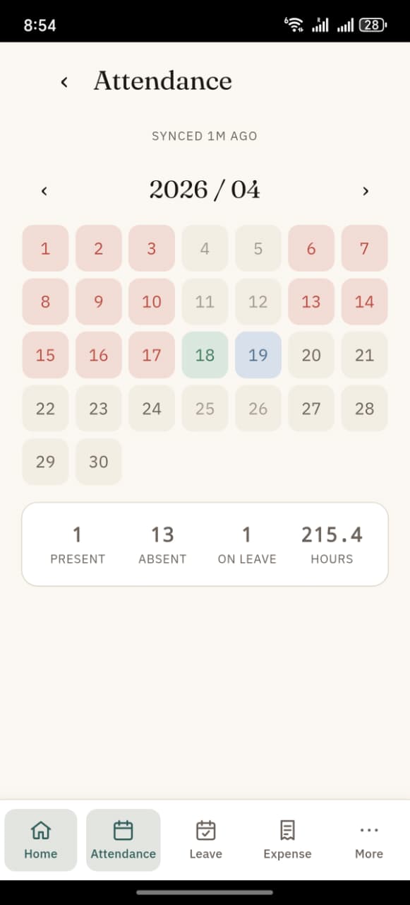 Attendance calendar for April 2026