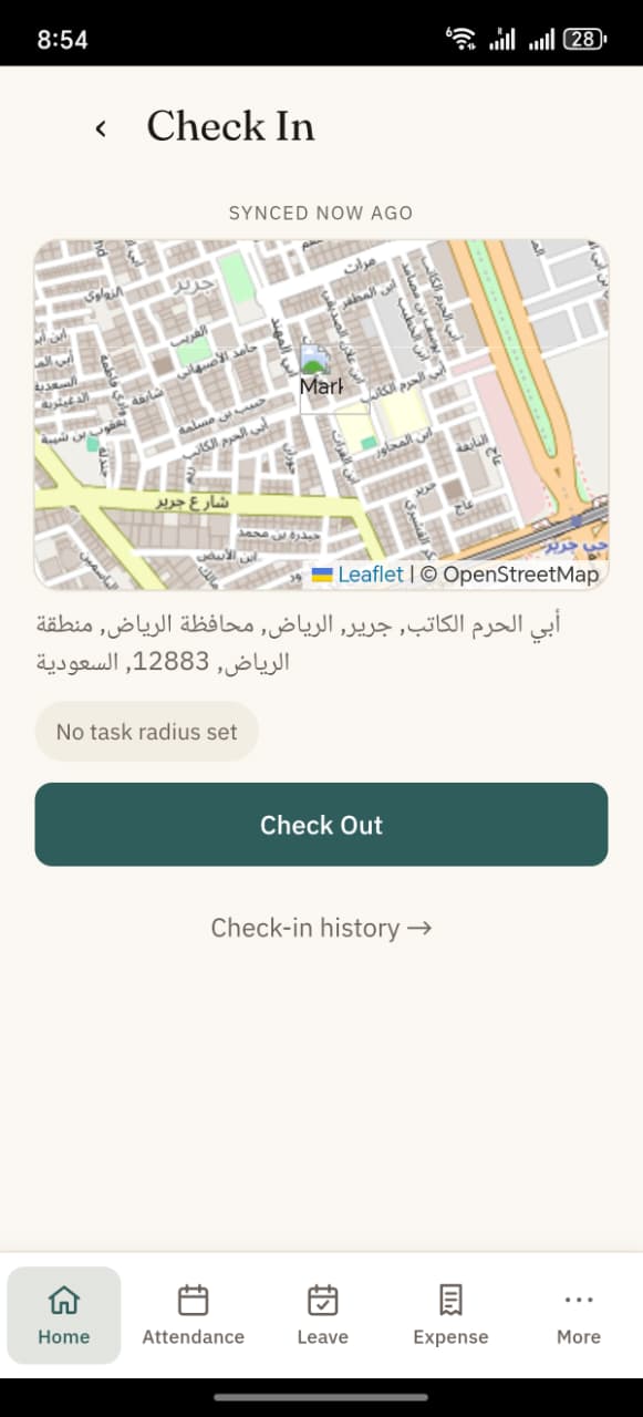 Check-in screen with map