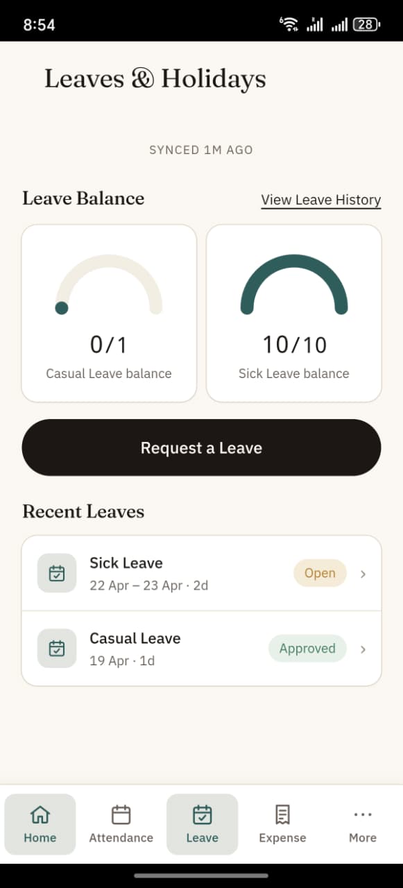 Leave hub showing balance gauges